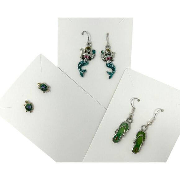 3 Pair - Tropical Earrings For Pierced Ears:‎ Flip Flop Mermaid & Turtle Designs - Picture 1 of 6
